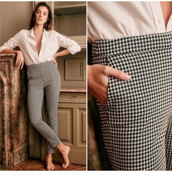 SÉZANE Clara Houndstooth Print High Rise 7/8 Trousers, Black/Ecru, FR40/US8 - Picture 1 of 12